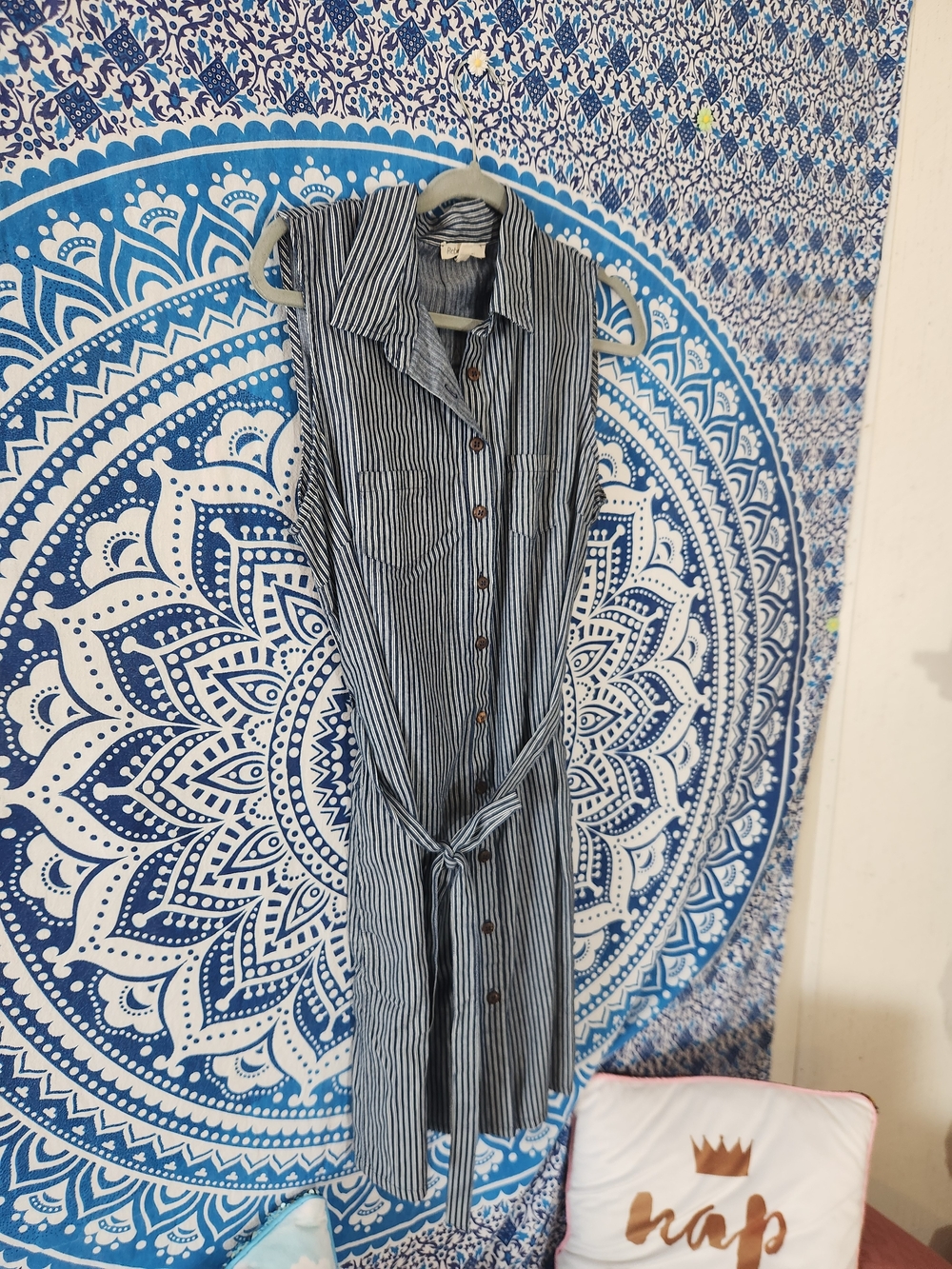Rebellion, Navy and White Striped Sleeveless Shirt Dress with Tie Waist - Picture 4 of 6
